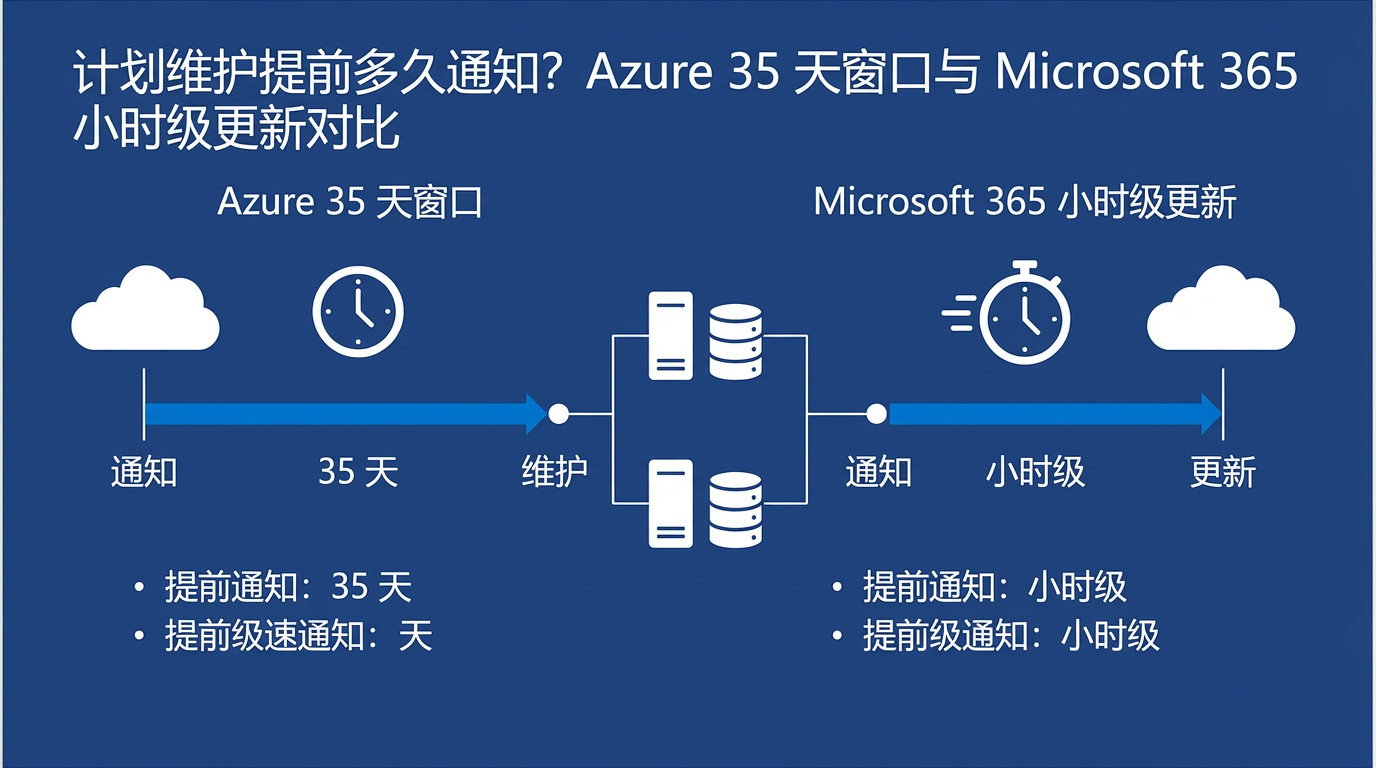 计划维护提前多久通知？Azure 35 天窗口与 Microsoft 365 小时级更新对比